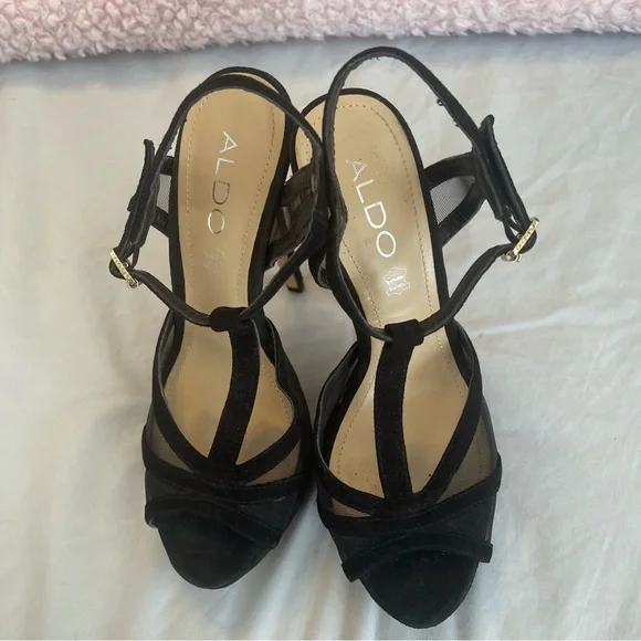 Aldo Sexy Strappy Stiletto Platform Heels Black Leather Suede and Mesh Size 7 - Picture 7 of 10